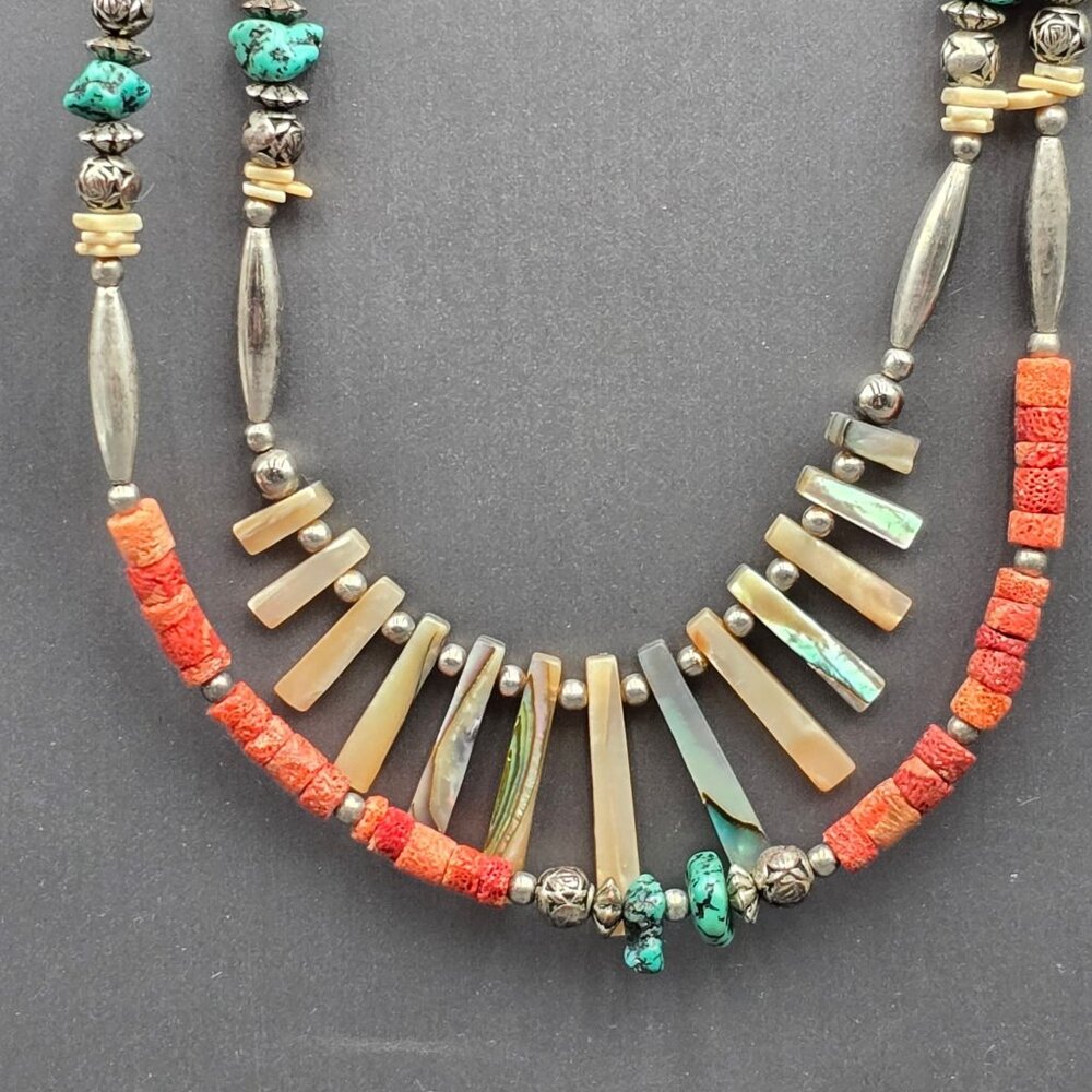 Vintage Southwestern Abalone Shell Turquoise Coral Heishi Necklace 24" Layered - Picture 3 of 13